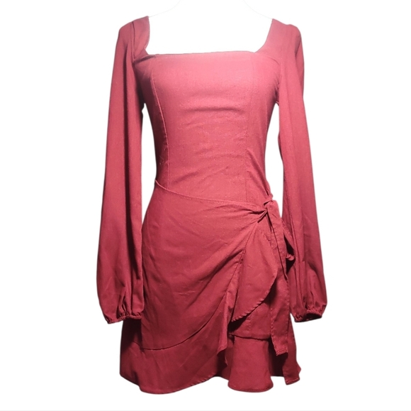 Princess Polly Burgundy Long balloon Sleeve wrap mini Dress sz 4 square neck - Picture 3 of 6
